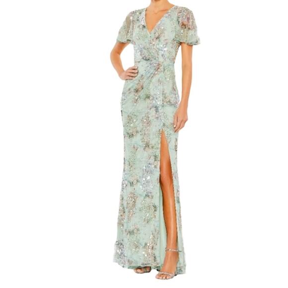 Mac Duggal Green Embellished Butterfly Sleeve Faux Wrap Gown 93749 Women’s Sz 12 - Picture 1 of 9